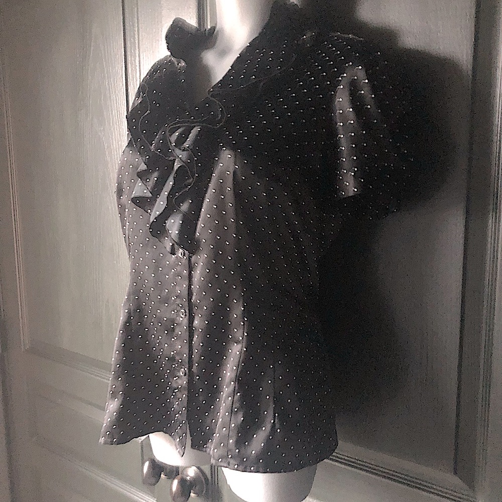 Satin Ruffle Vintage Black & White Polkadot Blouse